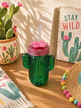 Cactus Plastic Mason Jar Tumbler with Pink Lid & Flower Straw